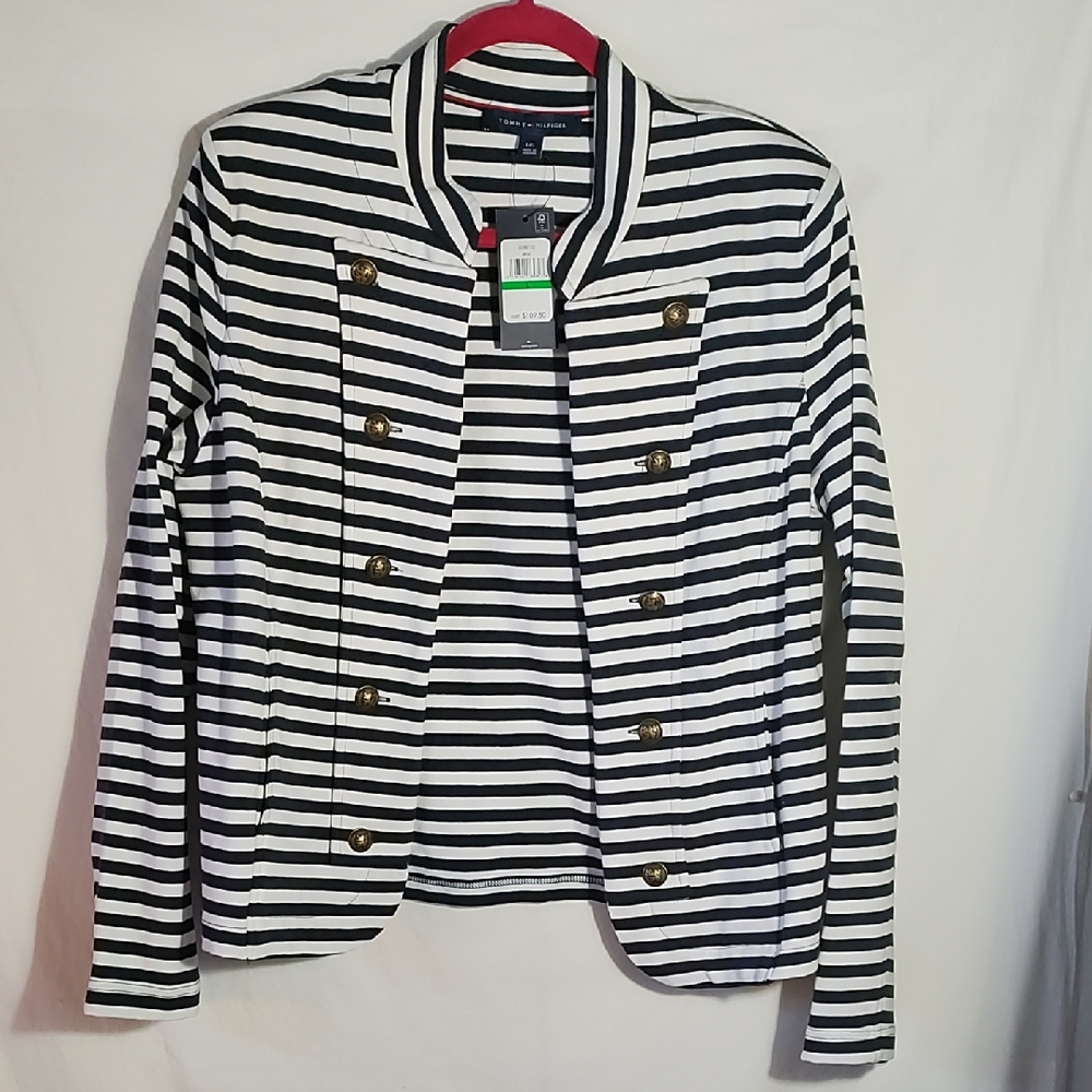 NWT Tommy Hilfiger Women's Navy Blue/White Striped Jacket. Sz L